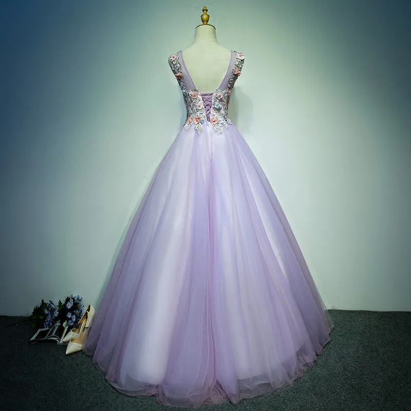 Light Purple Tulle Long Sweet 16 Formal Dress with Lace, Purple Prom Dress