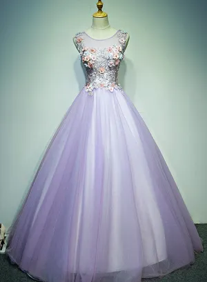 Light Purple Tulle Long Sweet 16 Formal Dress with Lace, Purple Prom Dress