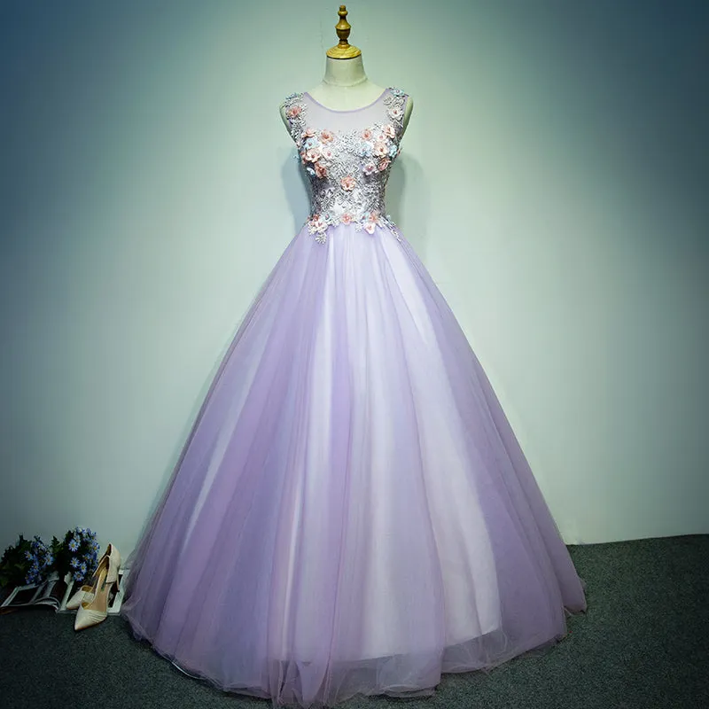 Light Purple Tulle Long Sweet 16 Formal Dress with Lace, Purple Prom Dress