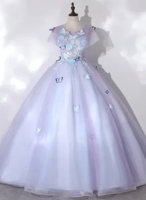 Light Purple Tulle with Butterfly Ball Gown Sweet 16 Dresses, Cute Long Evening Dresses