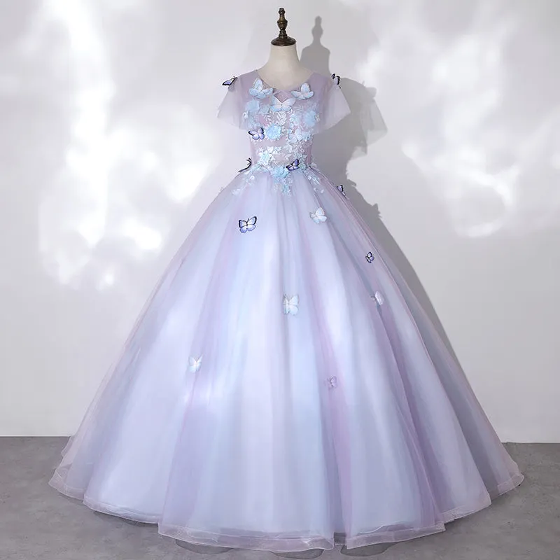 Light Purple Tulle with Butterfly Ball Gown Sweet 16 Dresses, Cute Long Evening Dresses