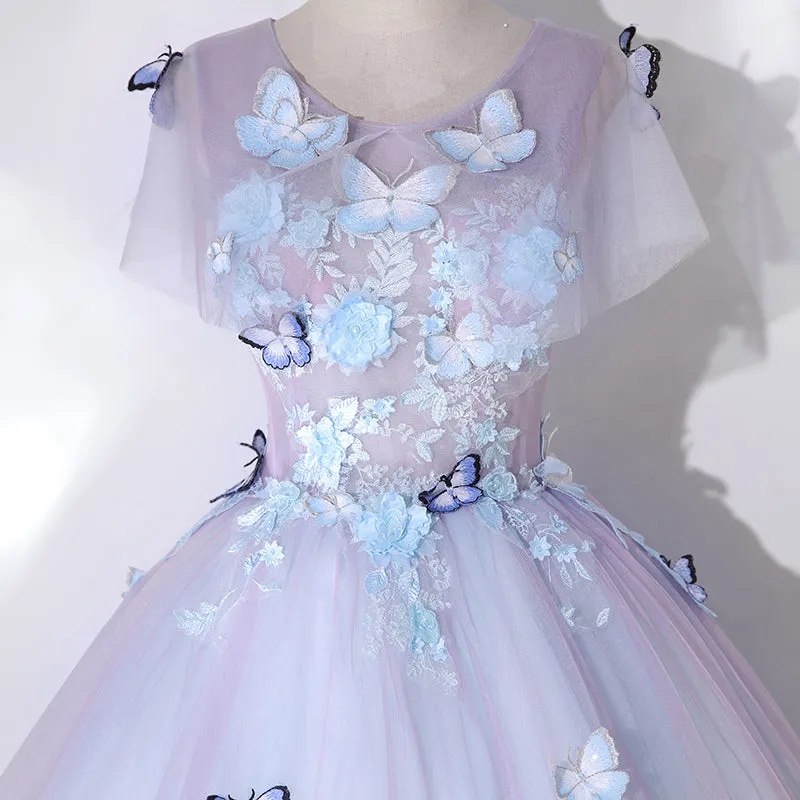 Light Purple Tulle with Butterfly Ball Gown Sweet 16 Dresses, Cute Long Evening Dresses
