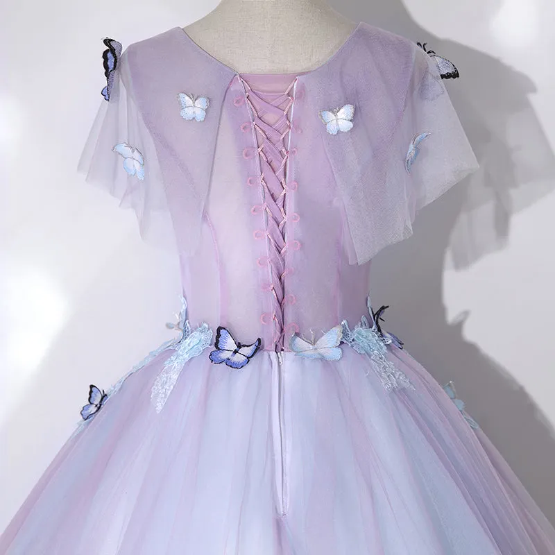 Light Purple Tulle with Butterfly Ball Gown Sweet 16 Dresses, Cute Long Evening Dresses