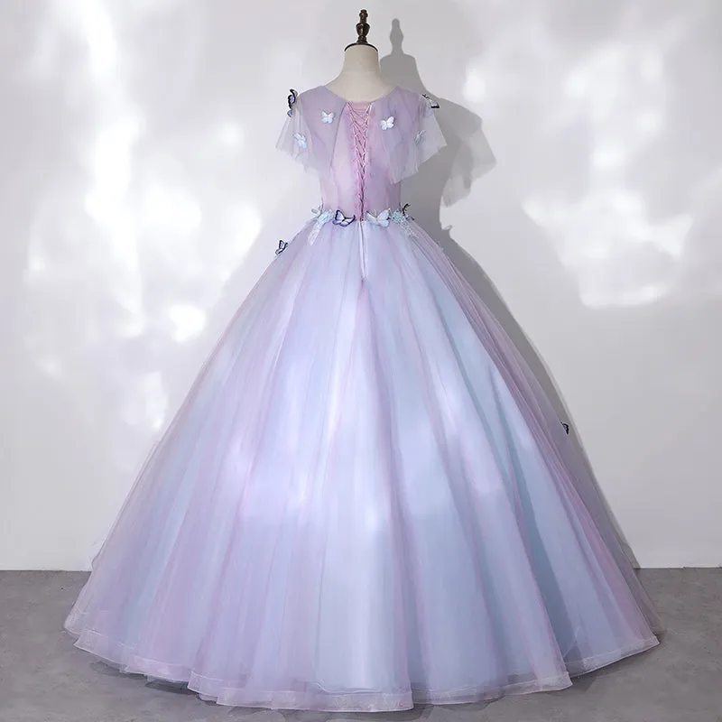Light Purple Tulle with Butterfly Ball Gown Sweet 16 Dresses, Cute Long Evening Dresses