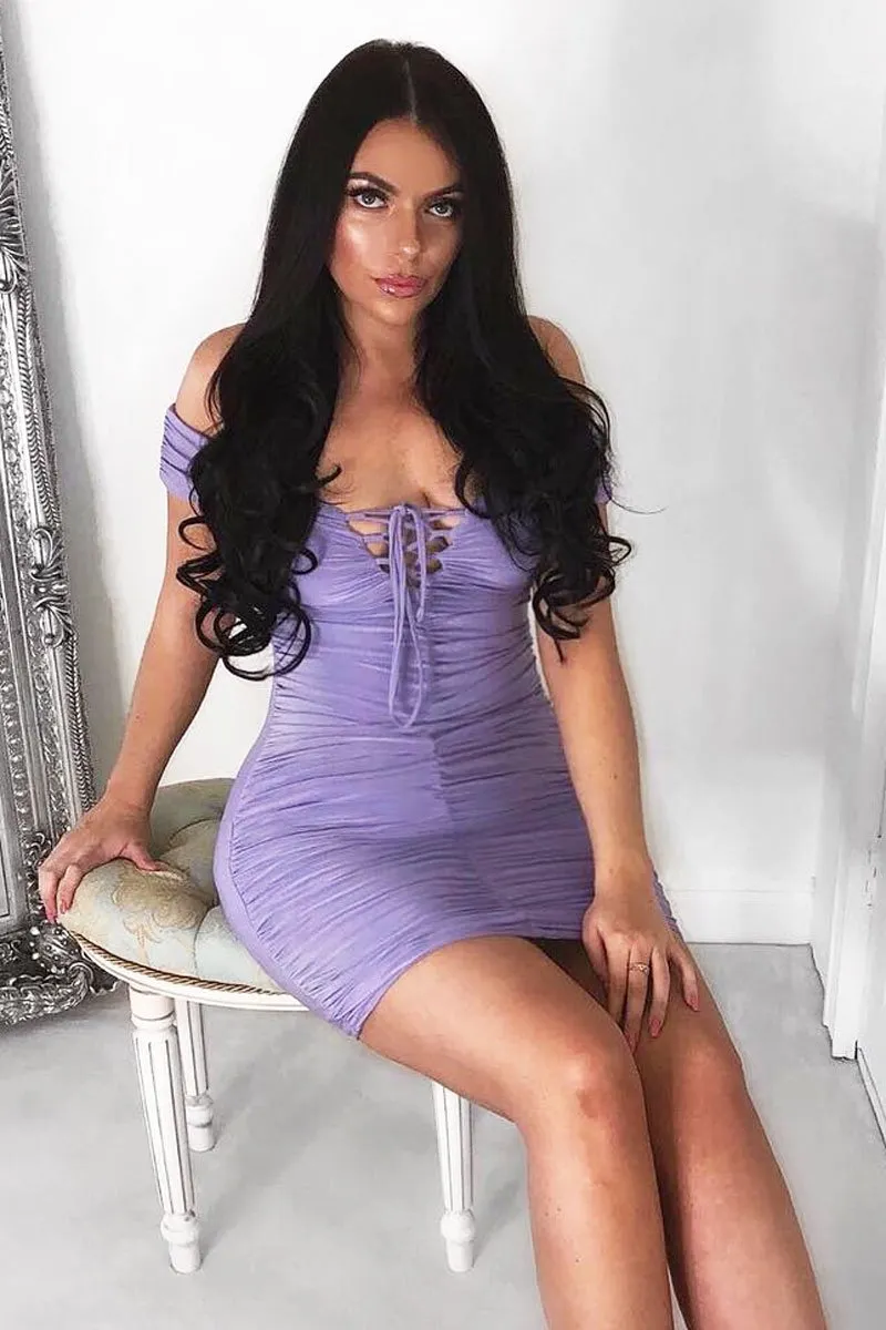 Lilac Ruched Slinky Lace Up Dress - Rosina
