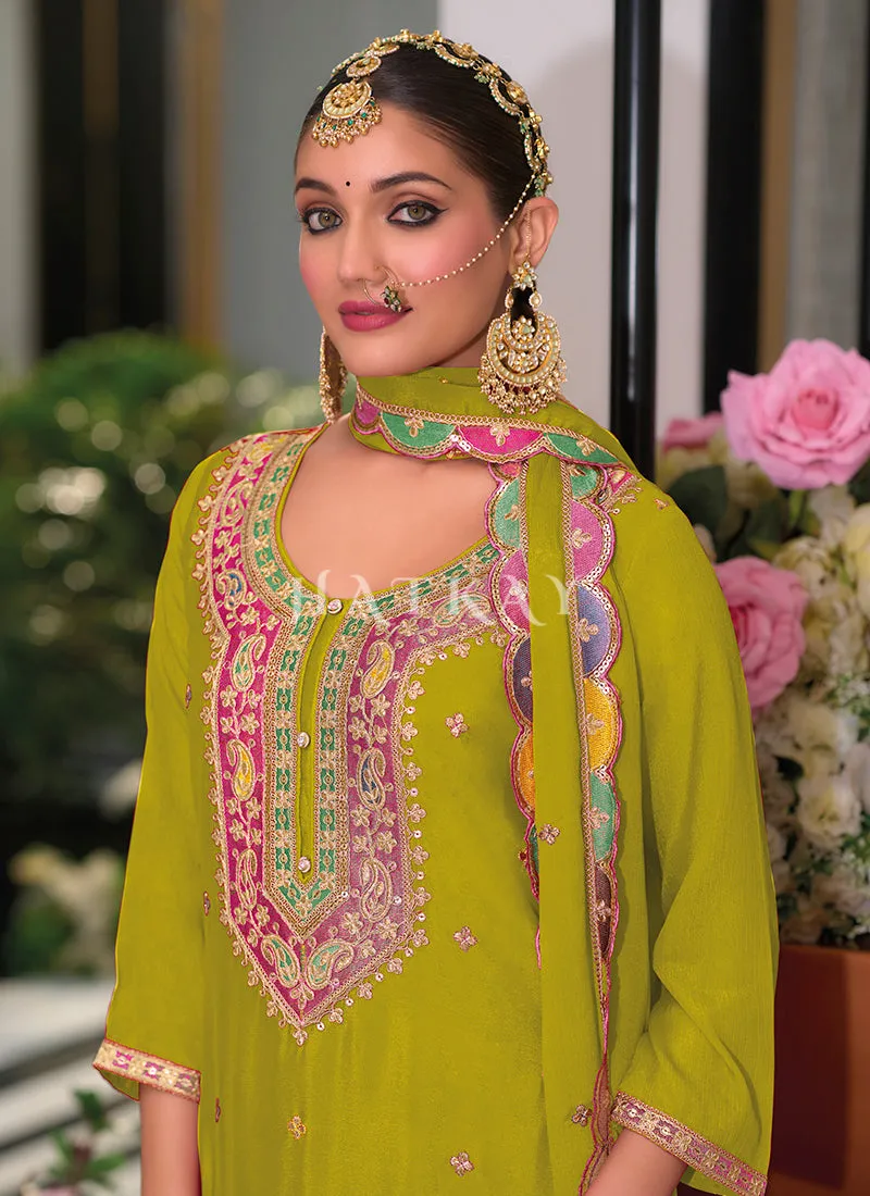 Lime Green Multi Embroidery Palazzo Suit