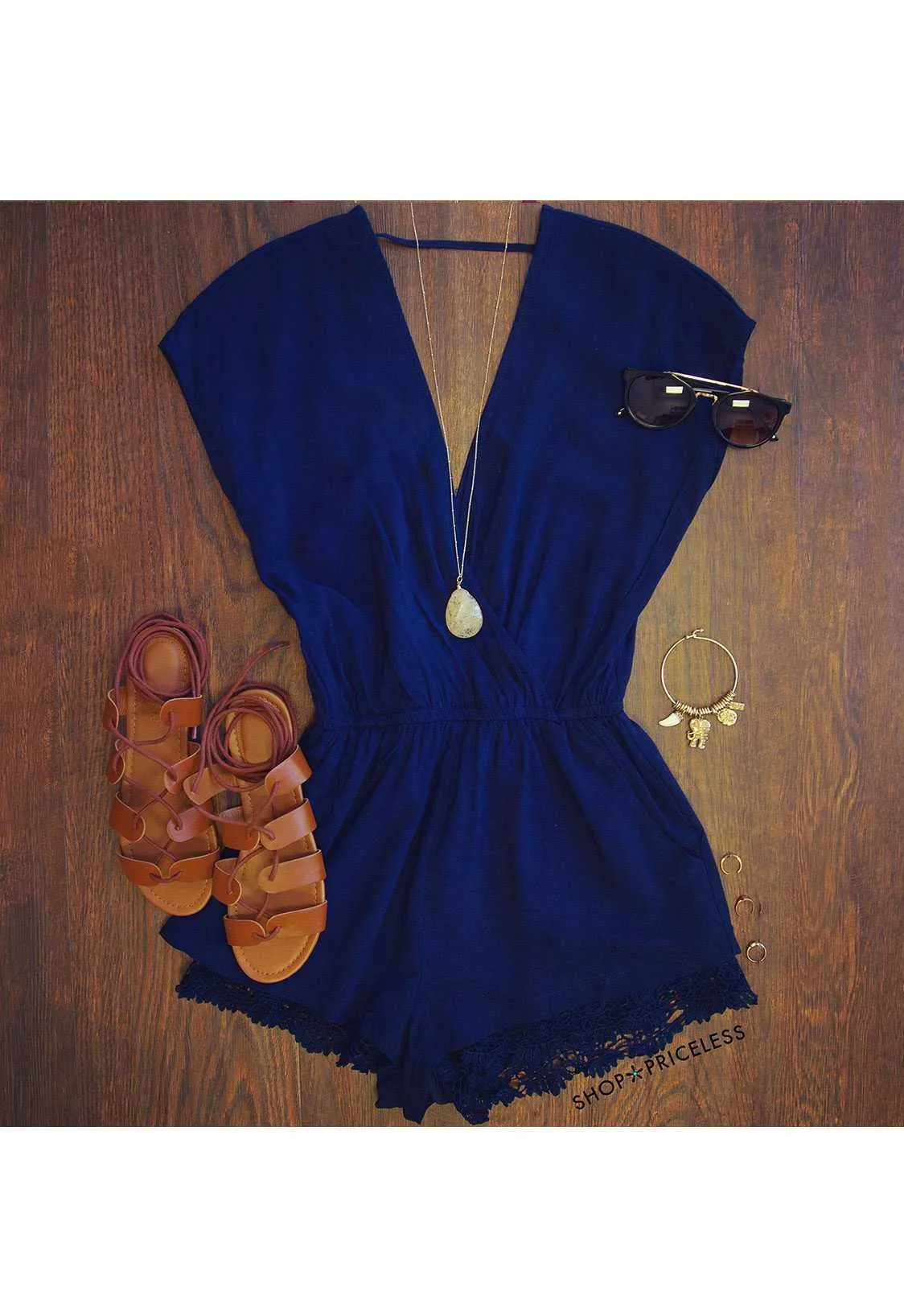 Lindsey Lace Romper - Navy