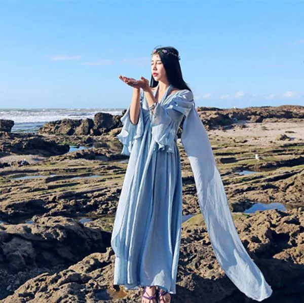 Long Baby Blue Cotton Linen Bandage Maxi Dress | Mandala