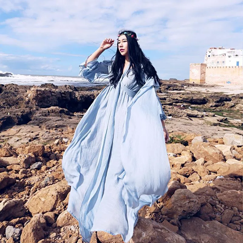 Long Baby Blue Cotton Linen Bandage Maxi Dress | Mandala