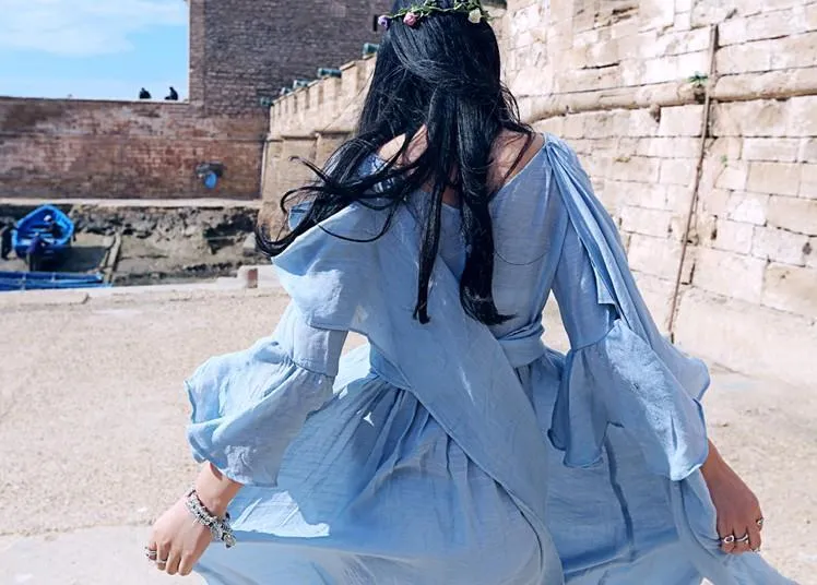 Long Baby Blue Cotton Linen Bandage Maxi Dress | Mandala
