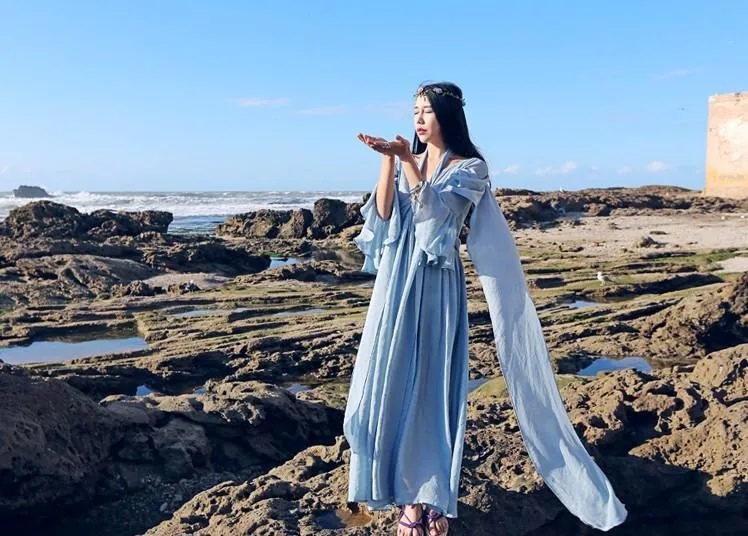 Long Baby Blue Cotton Linen Bandage Maxi Dress | Mandala