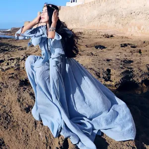 Long Baby Blue Cotton Linen Bandage Maxi Dress | Mandala
