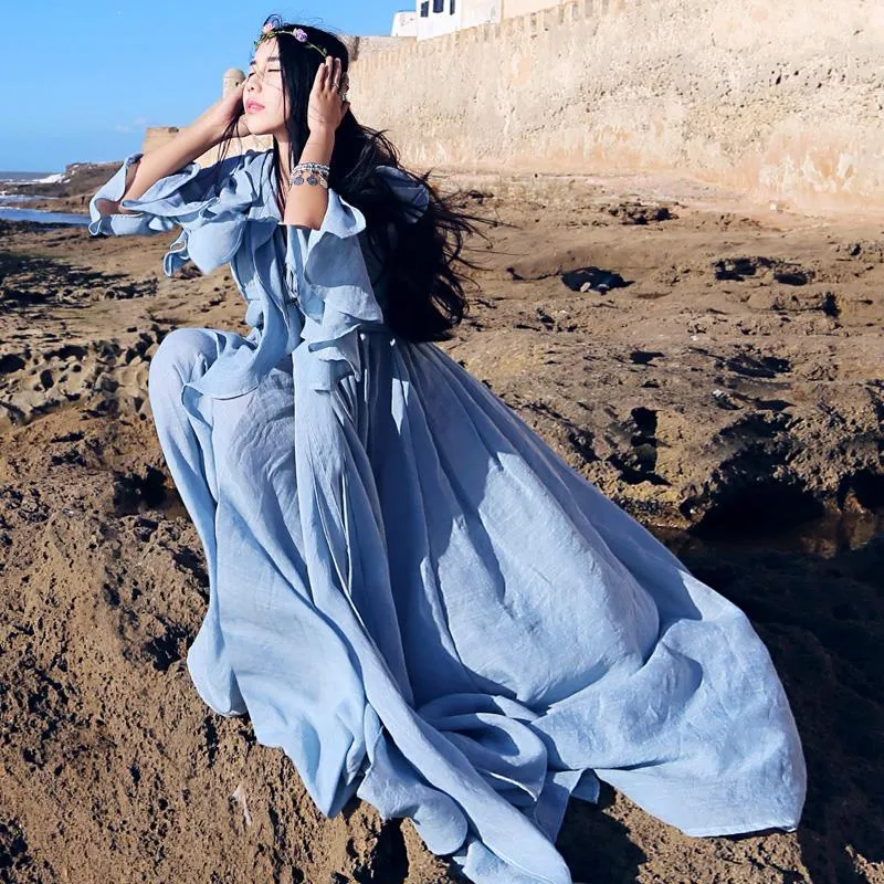 Long Baby Blue Cotton Linen Bandage Maxi Dress | Mandala