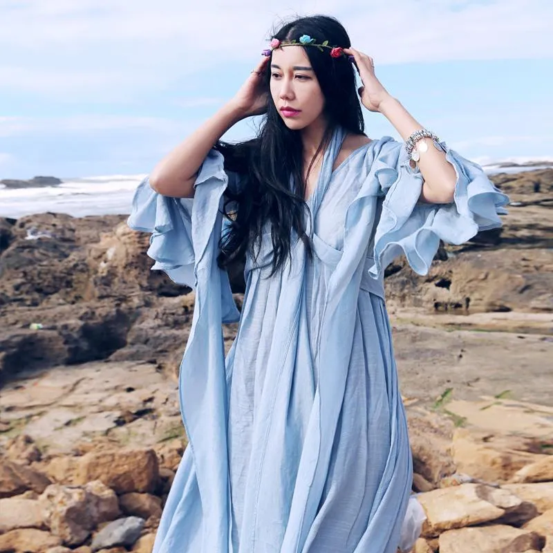 Long Baby Blue Cotton Linen Bandage Maxi Dress | Mandala