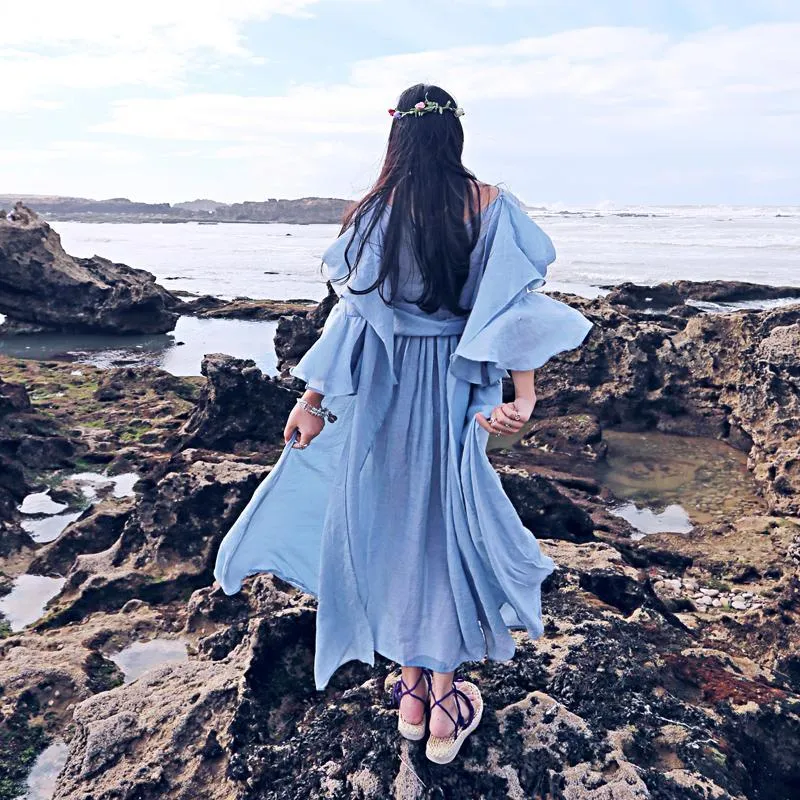Long Baby Blue Cotton Linen Bandage Maxi Dress | Mandala