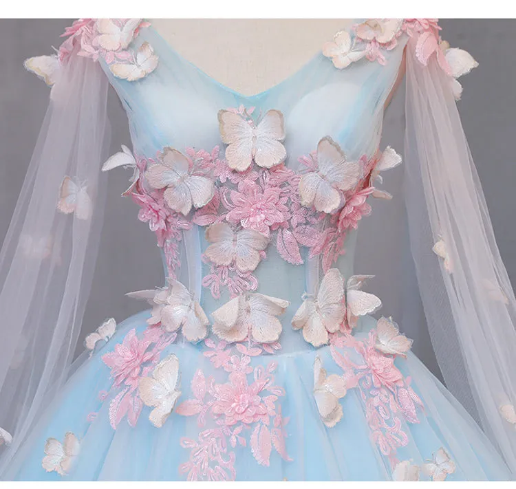 Lovely Blue V-neckline Tull Ball Gown Formal Dress, Blue Party Dress with Pink Lace