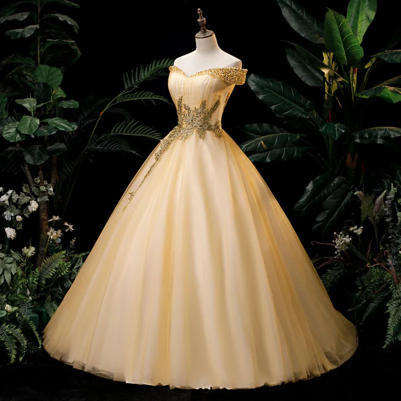 Lovely Champagne Sweetheart Off Shoulder Prom Dress, Champagne Sweet 16 Dress