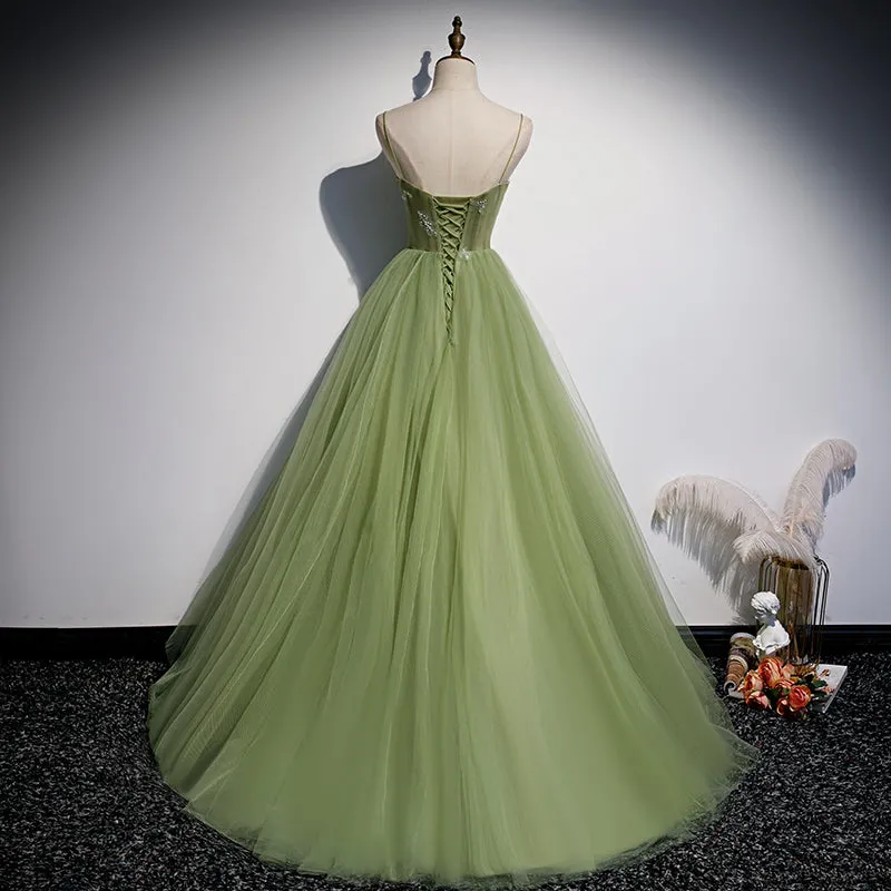 Lovely  Green Tulle Prom Dress 2022, Long Green Evening Party Dresses Sweet 16 Dresses