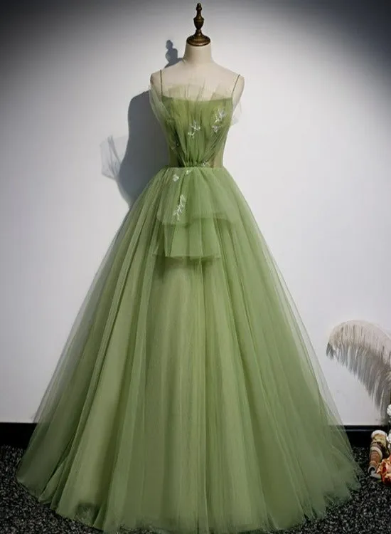 Lovely  Green Tulle Prom Dress 2022, Long Green Evening Party Dresses Sweet 16 Dresses