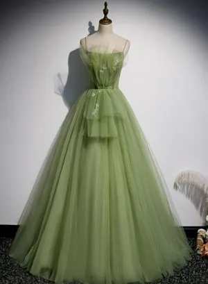 Lovely  Green Tulle Prom Dress 2022, Long Green Evening Party Dresses Sweet 16 Dresses