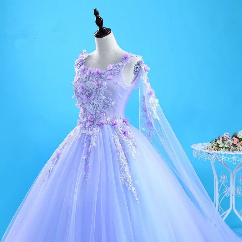 Lovely Lavender Tulle Flower Lace Ball Gown Formal Gown, Lavender Sweet 16 Dresses
