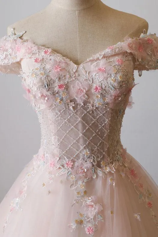 Lovely Light Pink Sweetheart Flowers Tulle Party Dress, Pink Prom Dress