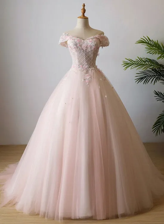 Lovely Light Pink Sweetheart Flowers Tulle Party Dress, Pink Prom Dress