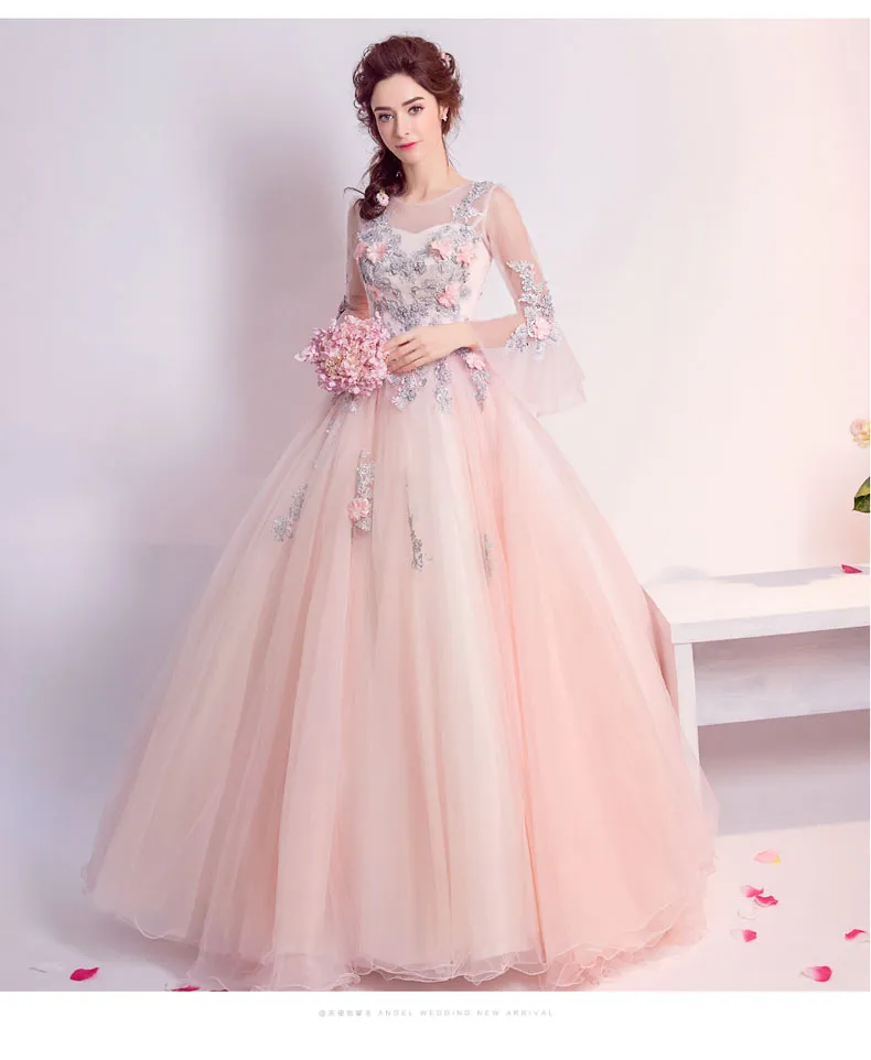 Lovely Light Pink Tulle Round Neckline Party Dress with Flower Lace, Pink Sweet 16 Gown