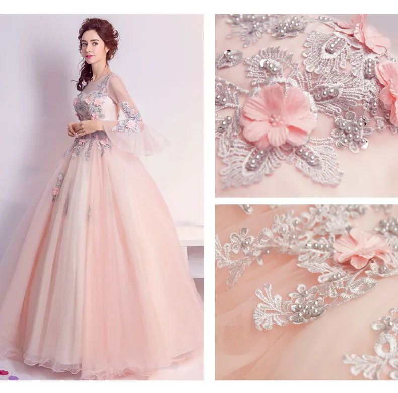 Lovely Light Pink Tulle Round Neckline Party Dress with Flower Lace, Pink Sweet 16 Gown