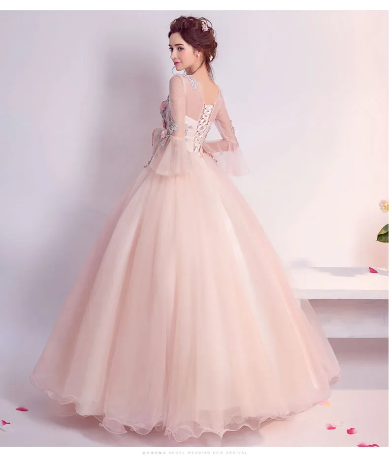 Lovely Light Pink Tulle Round Neckline Party Dress with Flower Lace, Pink Sweet 16 Gown