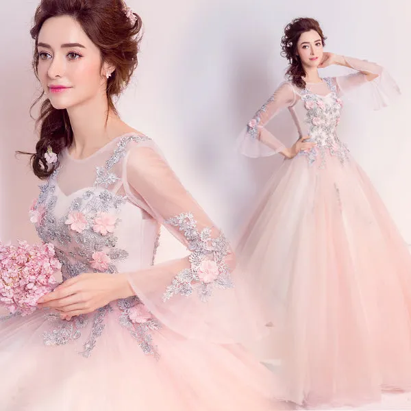 Lovely Light Pink Tulle Round Neckline Party Dress with Flower Lace, Pink Sweet 16 Gown