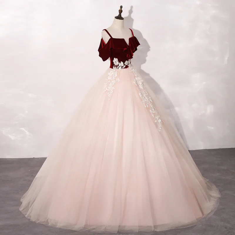 Lovely Light Pink Tulle Sweetheart Off Shoulder Velvet Top Sweet 16 Dress, Pink Prom Dresses