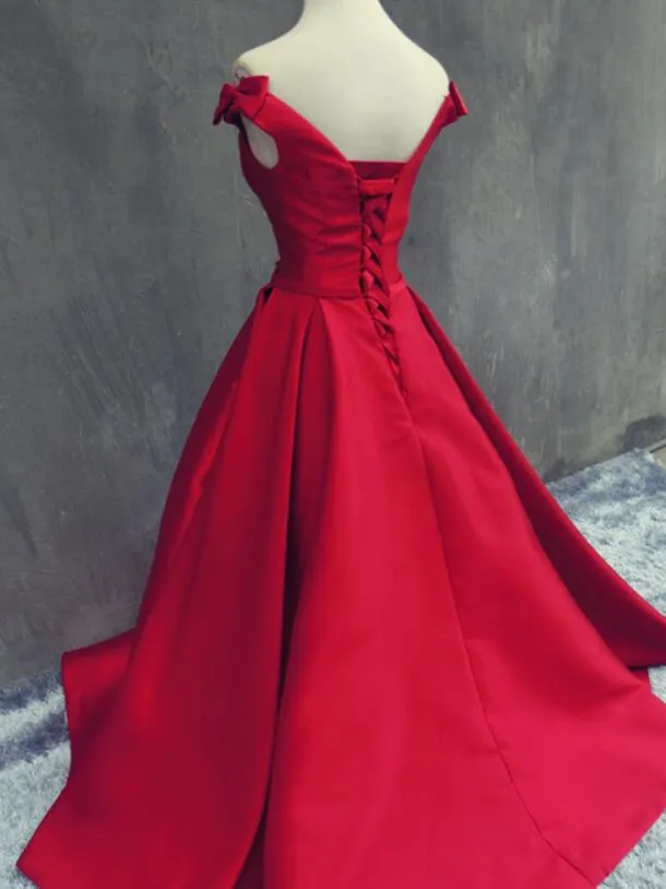 Lovely Off Shoulder with Bow Long Satin Prom Dress, Red Prom Dress 2019
