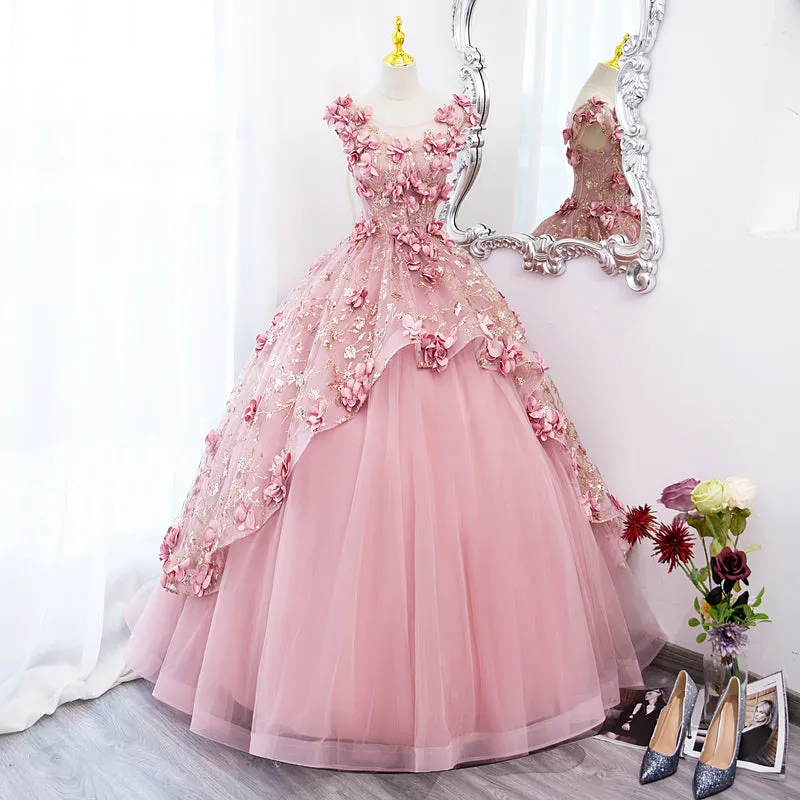 Lovely Pink Tulle Long Party Dress with Flowers, Pink Tulle Sweet 16 Gown