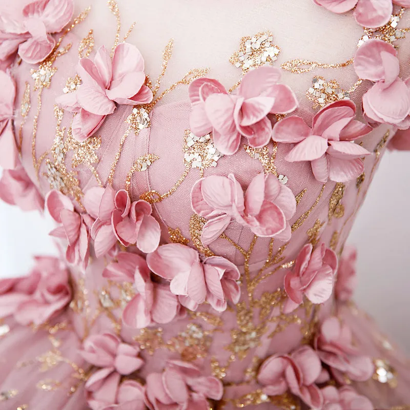 Lovely Pink Tulle Long Party Dress with Flowers, Pink Tulle Sweet 16 Gown