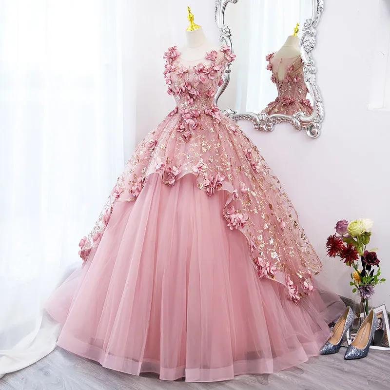 Lovely Pink Tulle Long Party Dress with Flowers, Pink Tulle Sweet 16 Gown