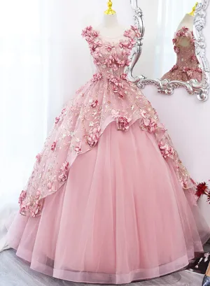 Lovely Pink Tulle Long Party Dress with Flowers, Pink Tulle Sweet 16 Gown