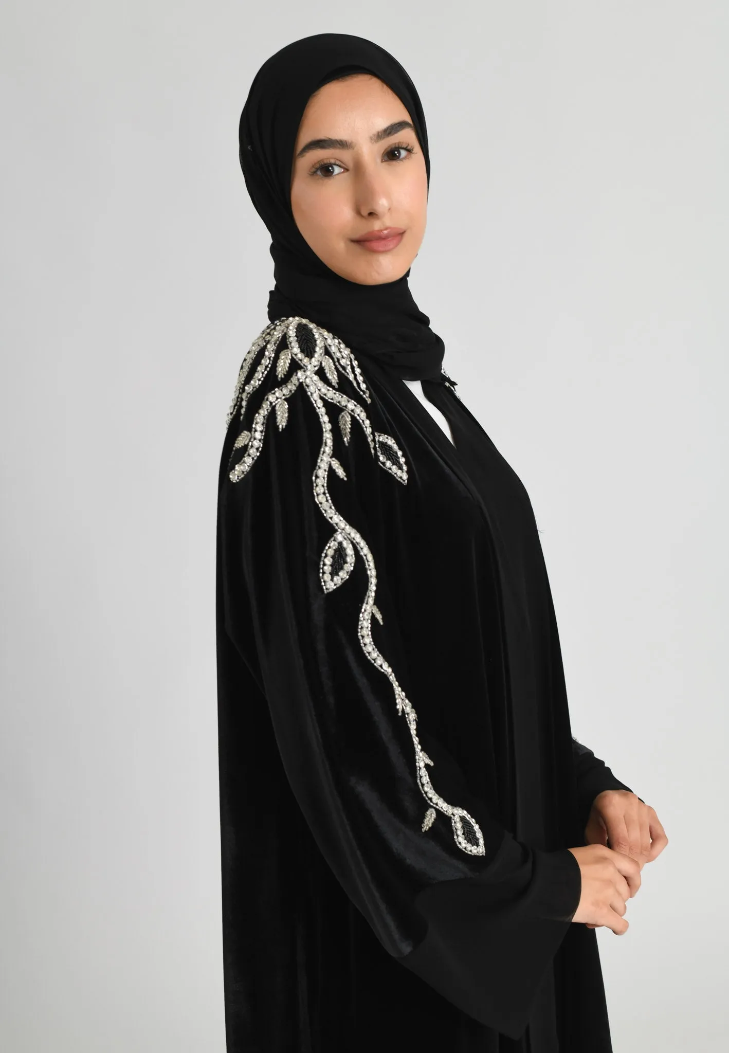 Luxury Onyx Black Velvet Open Abaya