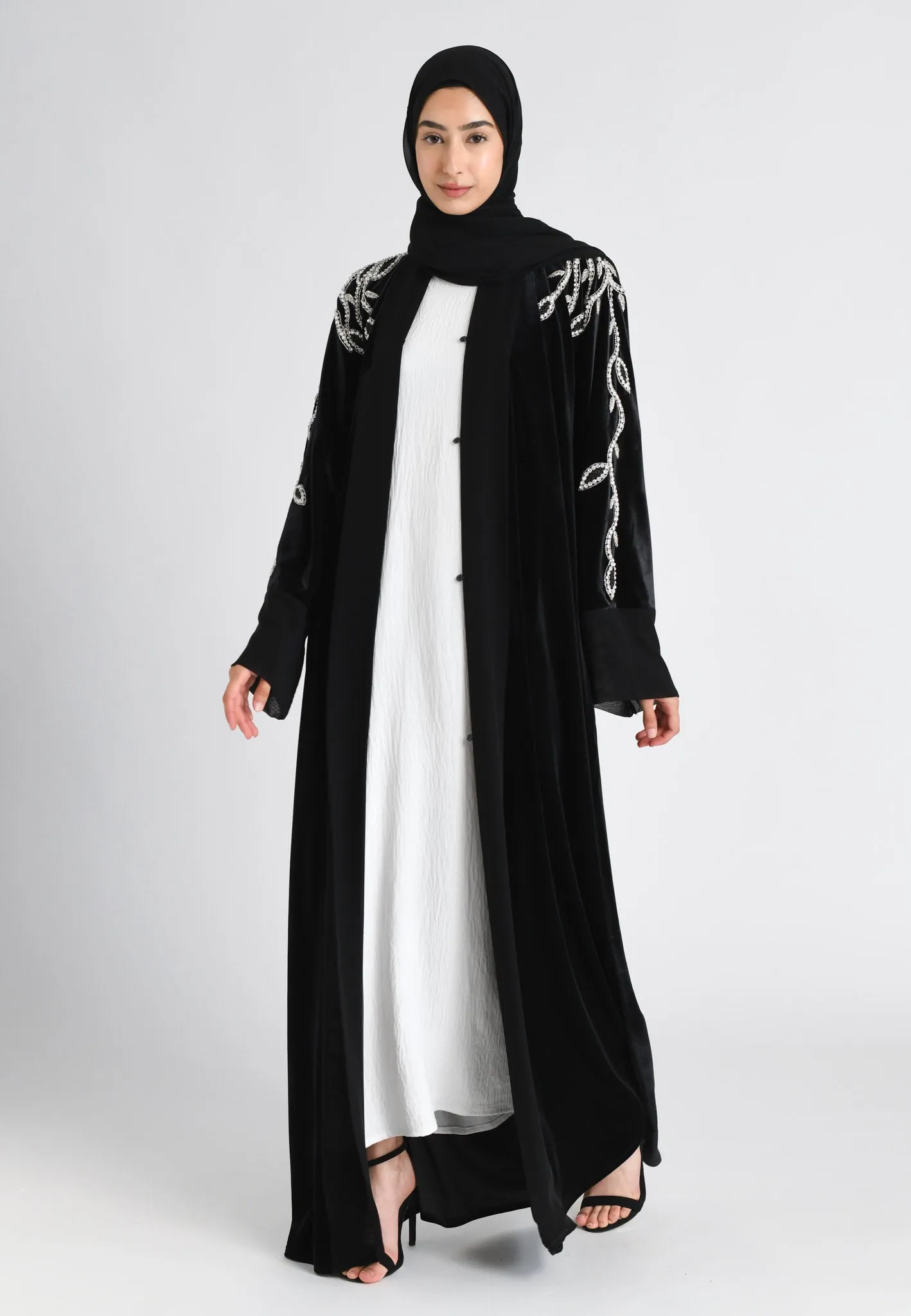 Luxury Onyx Black Velvet Open Abaya