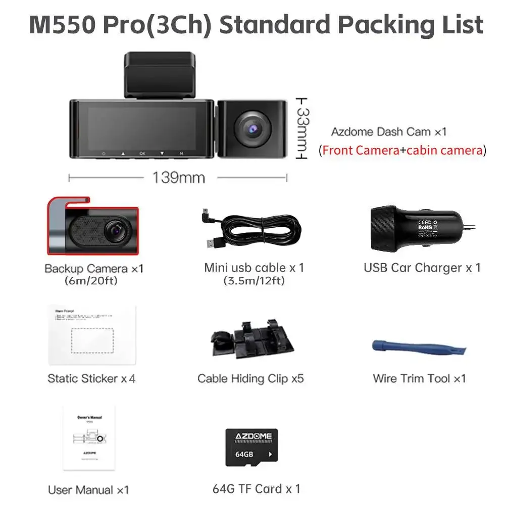 M550 Pro 4K Dash Cam with WiFi - GPS & Night Vision - 2/3 Camera Setup