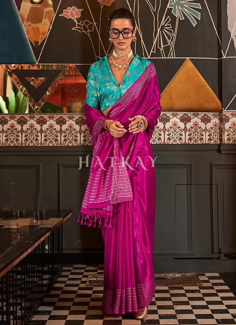 Magenta And Blue Silk Saree