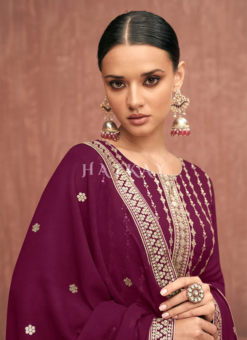 Magenta Embroidered Georgette Gharara Suit