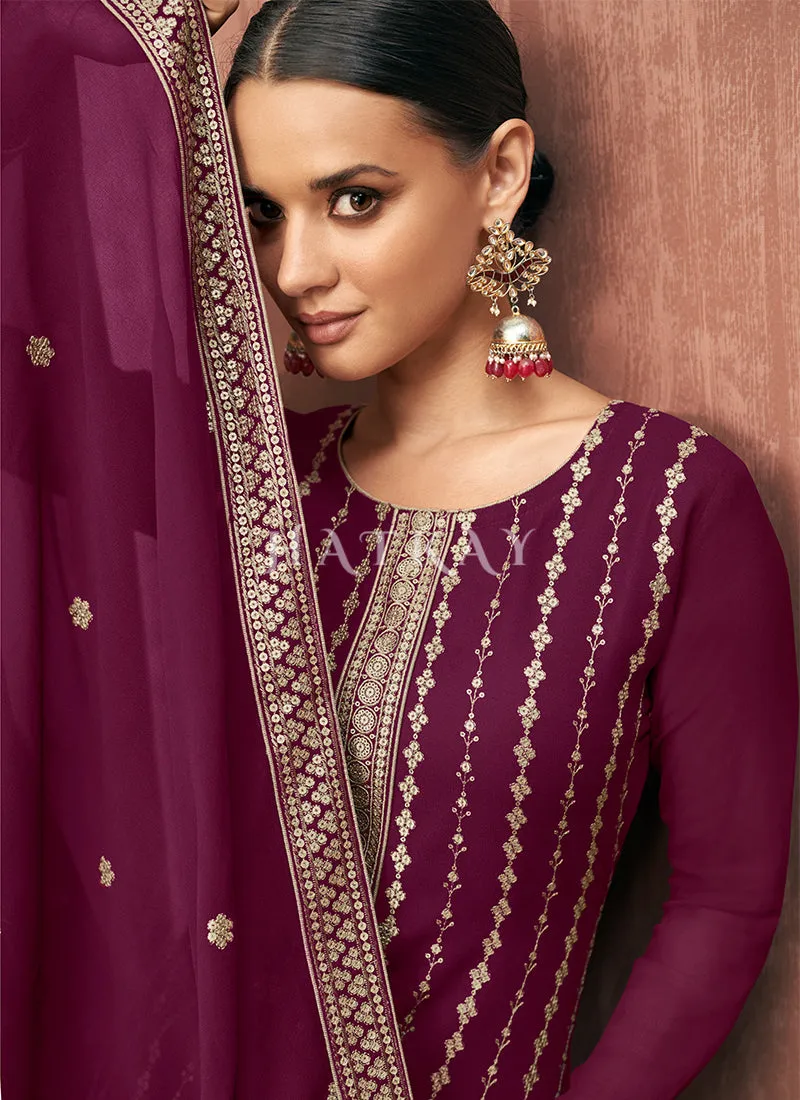 Magenta Embroidered Georgette Gharara Suit