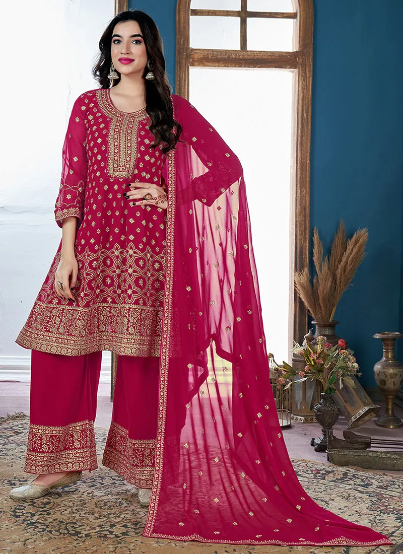 Magenta Golden Sequence Embroidery Traditional Palazzo Suit