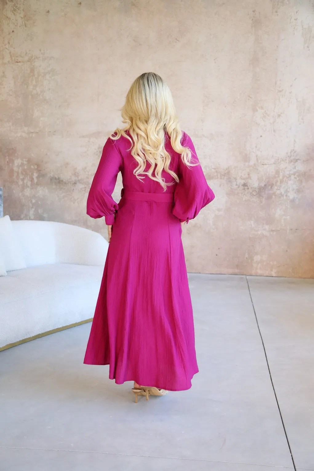 Magenta Long Sleeve 'Whimsical' Boho Maxi Dress with Pockets and Belt Feature