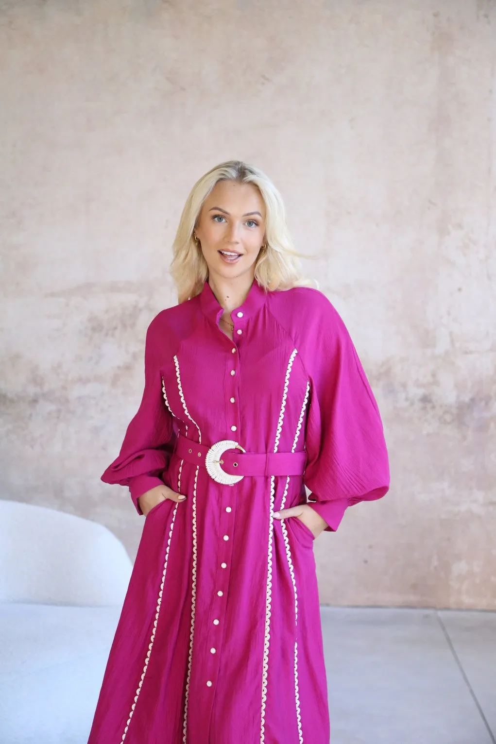 Magenta Long Sleeve 'Whimsical' Boho Maxi Dress with Pockets and Belt Feature
