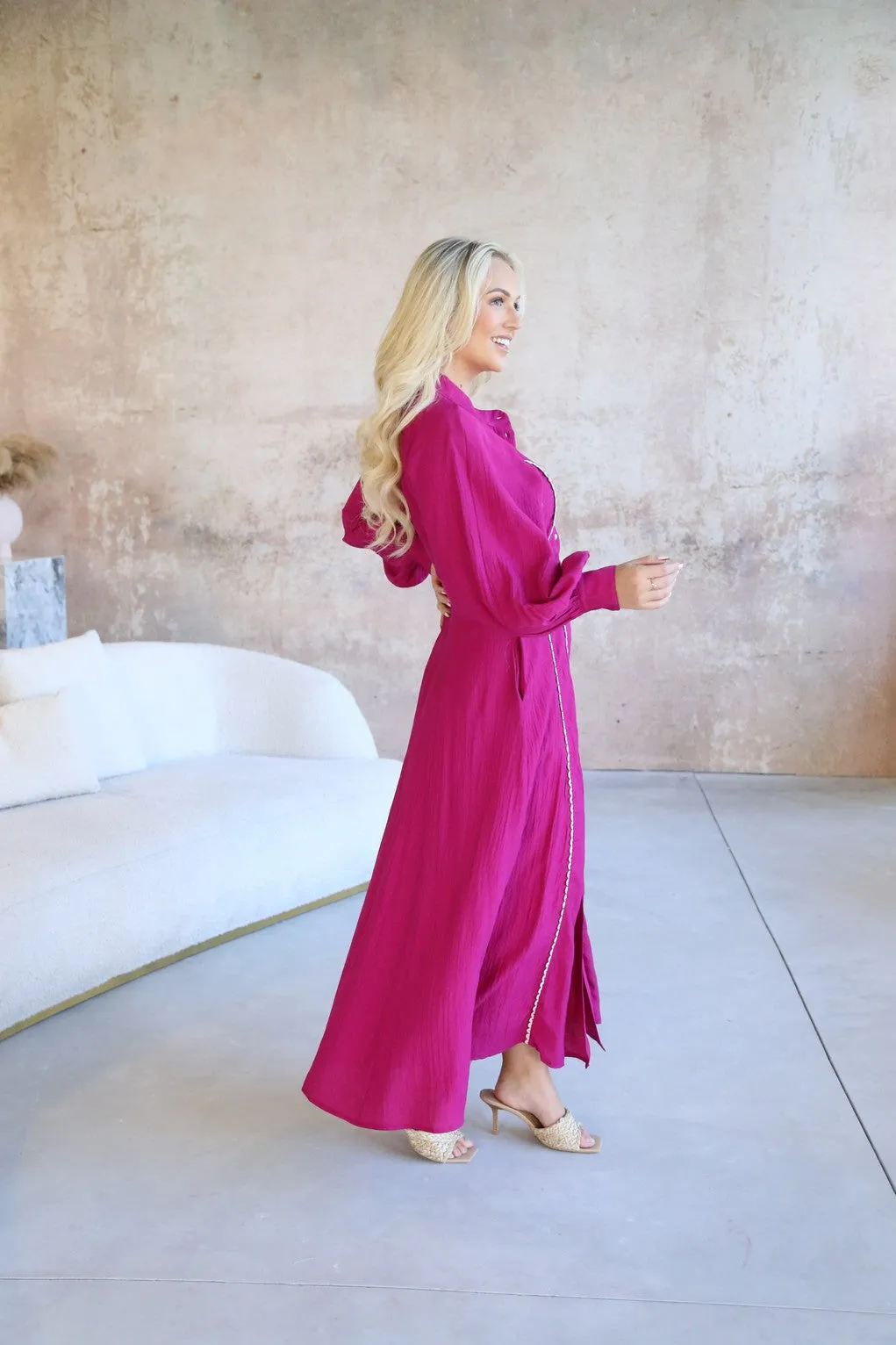 Magenta Long Sleeve 'Whimsical' Boho Maxi Dress with Pockets and Belt Feature