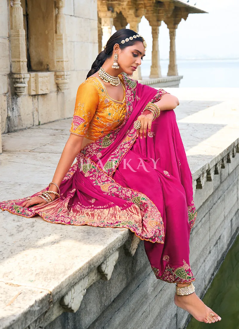 Magenta Pink Handwork Embroidery Wedding Saree