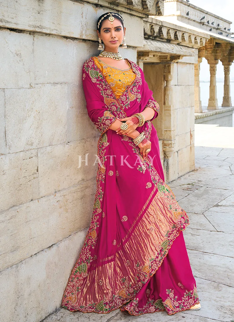 Magenta Pink Handwork Embroidery Wedding Saree