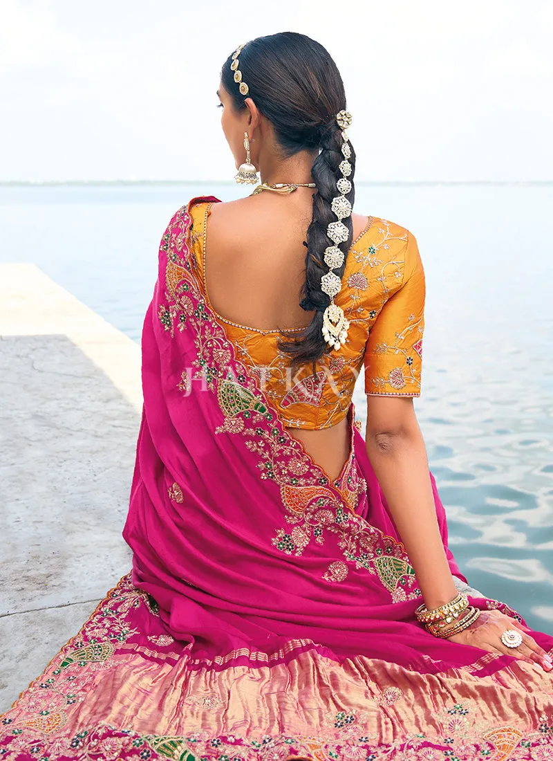 Magenta Pink Handwork Embroidery Wedding Saree